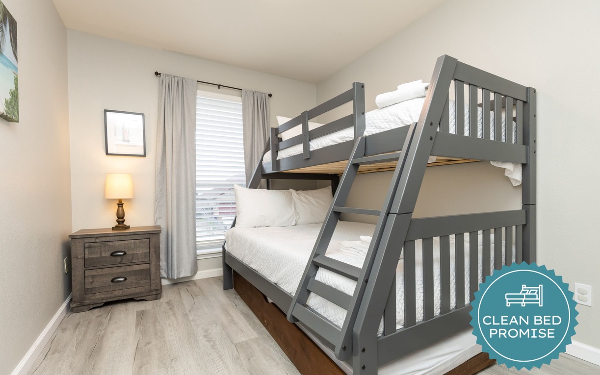 Sleep better at Padre Escapes with our exclusive Clean Bed Promise, providing fresh linens, comforters, and towels washed at high temperatures exceeding CDC recommendations, setting us apart for a truly restful vacation.