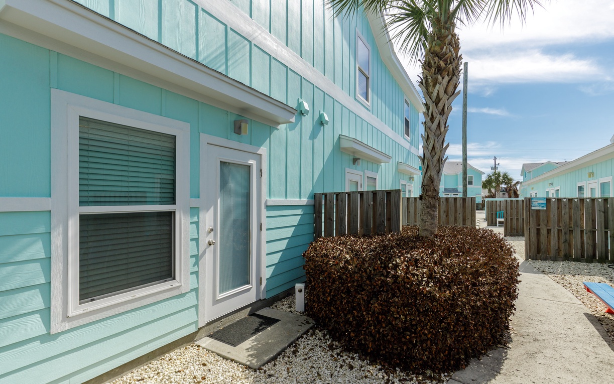 Charming turquoise beach house exterior with tropical palm tree and coastal landscaping in a peaceful residential setting.