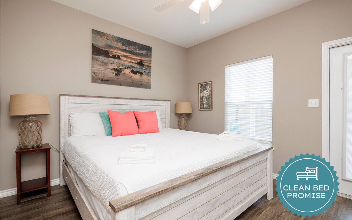 Sleep better at Padre Escapes with our exclusive Clean Bed Promise, providing fresh linens, comforters, and towels washed at high temperatures exceeding CDC recommendations, setting us apart for a truly restful vacation