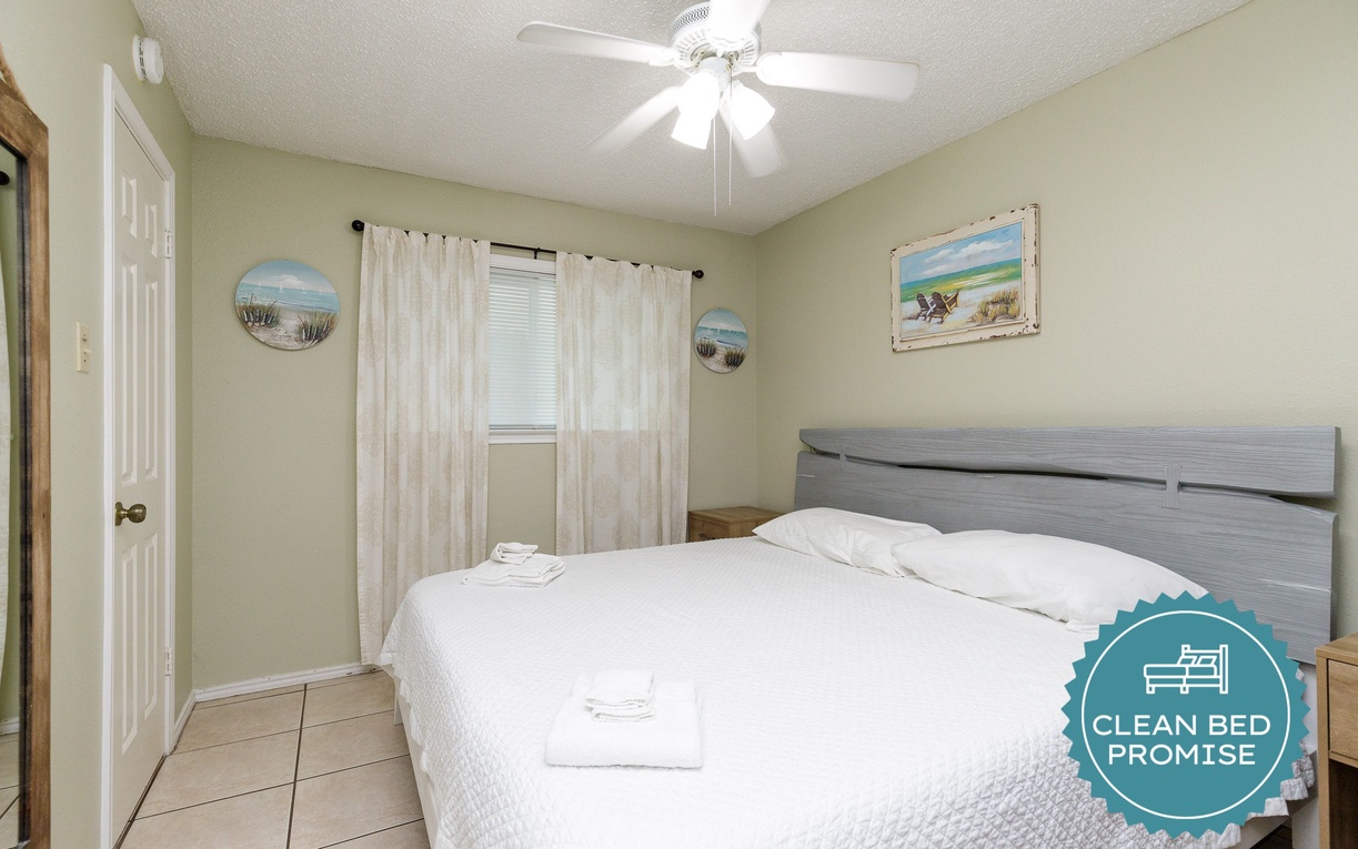 Sleep better at Padre Escapes with our exclusive Clean Bed Promise, providing fresh linens, comforters, and towels washed at high temperatures exceeding CDC recommendations, setting us apart for a truly restful vacation