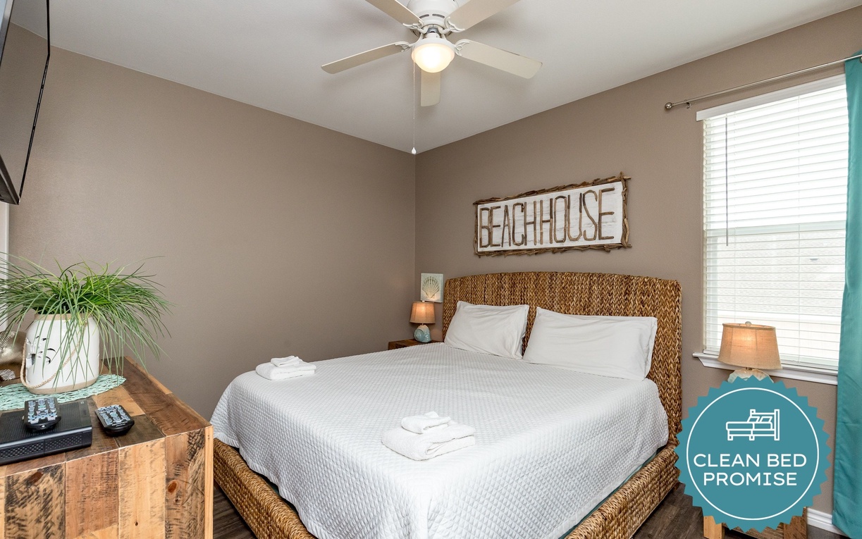 Sleep better at Padre Escapes with our exclusive Clean Bed Promise, providing fresh linens, comforters, and towels washed at high temperatures exceeding CDC recommendations, setting us apart for a truly restful vacation.