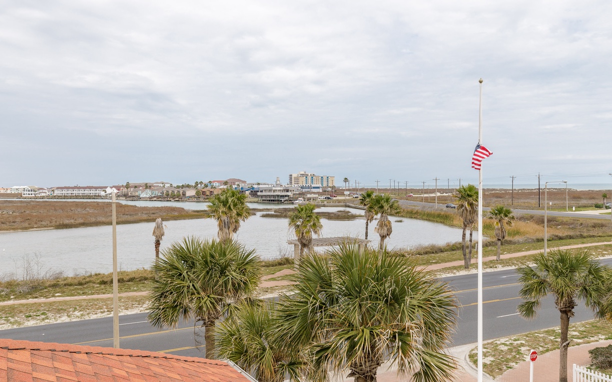 Coastal view showcasing palm-lined lagoons and distant resort buildings in this scenic waterfront area.