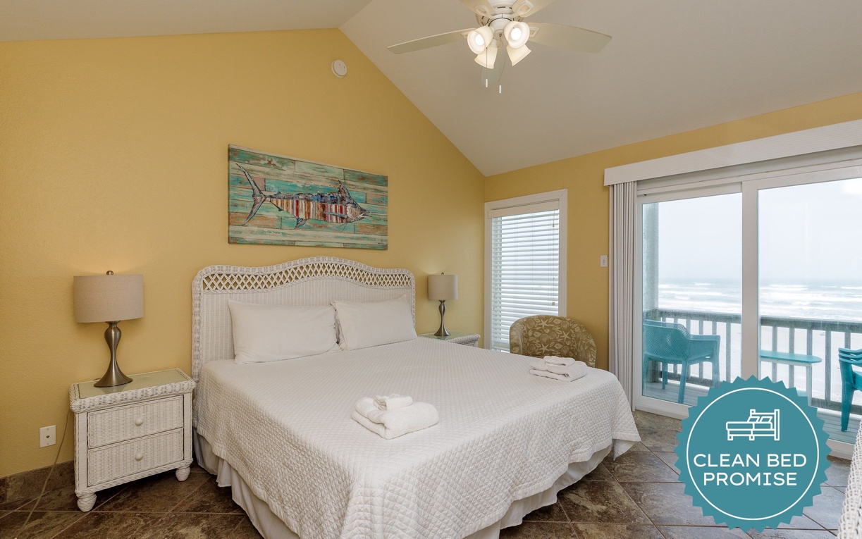 Sleep better at Padre Escapes with our exclusive Clean Bed Promise, providing fresh linens, comforters, and towels washed at high temperatures exceeding CDC recommendations, setting us apart for a truly restful vacation
