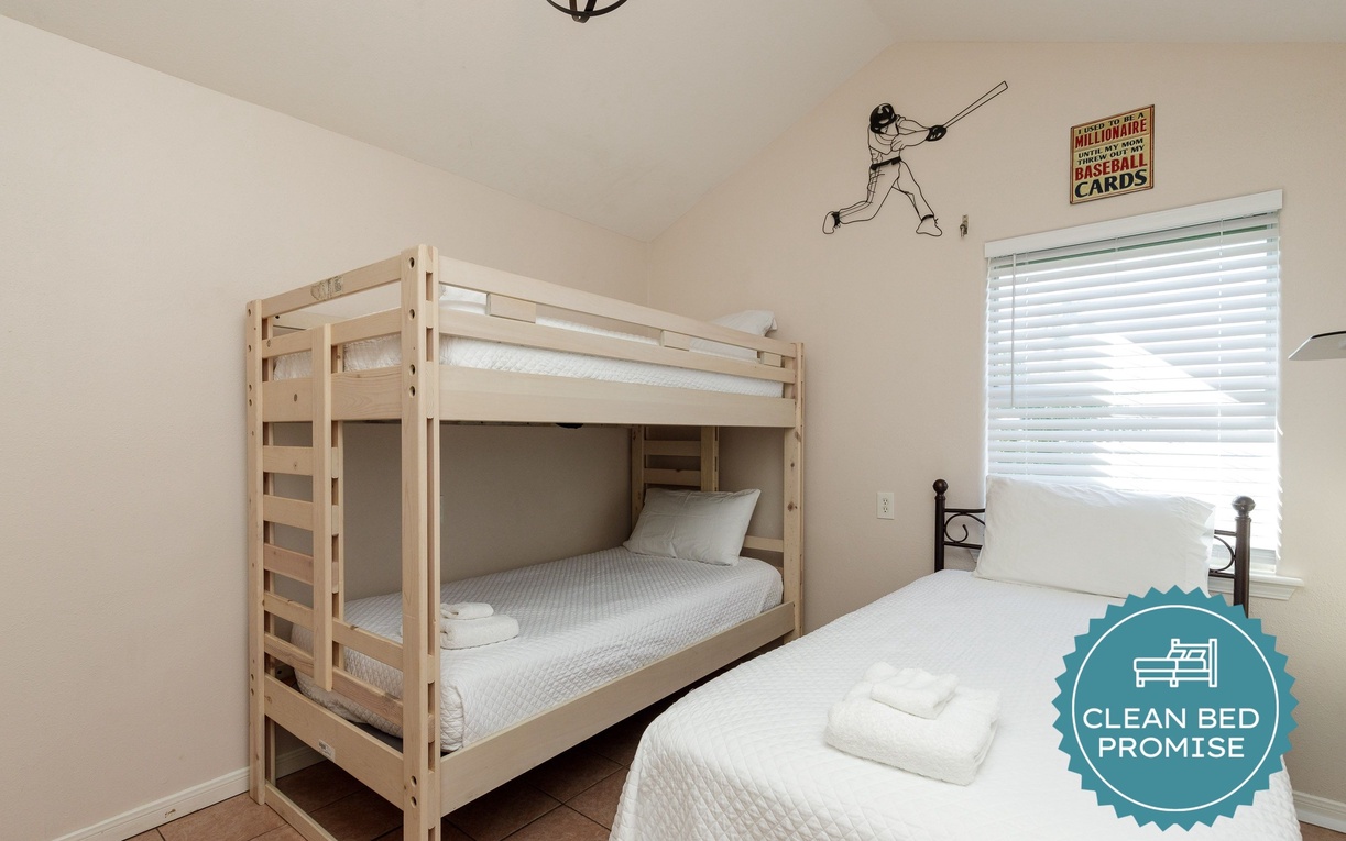 Sleep better at Padre Escapes with our exclusive Clean Bed Promise, providing fresh linens, comforters, and towels washed at high temperatures exceeding CDC recommendations, setting us apart for a truly restful vacation