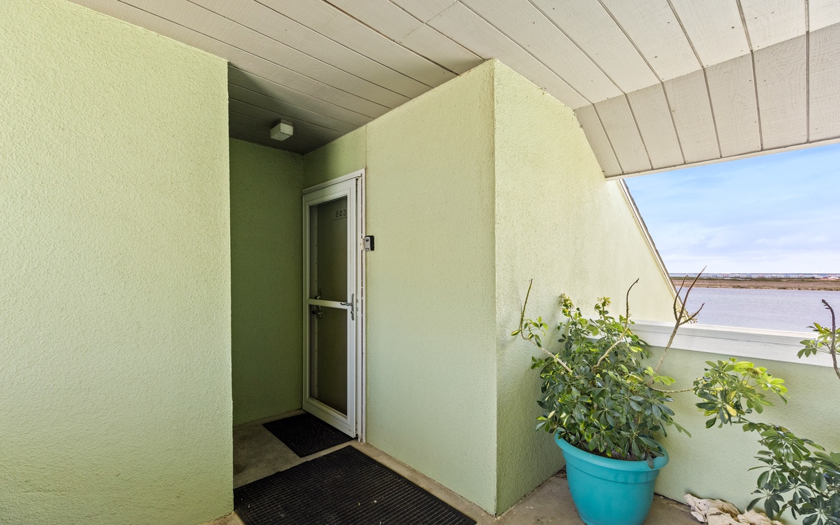 A welcoming entrance featuring sage green walls and wooden ceiling details, with a cheerful blue planter adding charm to your arrival experience.