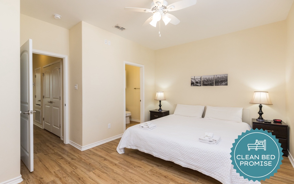 Sleep better at Padre Escapes with our exclusive Clean Bed Promise, providing fresh linens, comforters, and towels washed at high temperatures exceeding CDC recommendations, setting us apart for a truly restful vacation