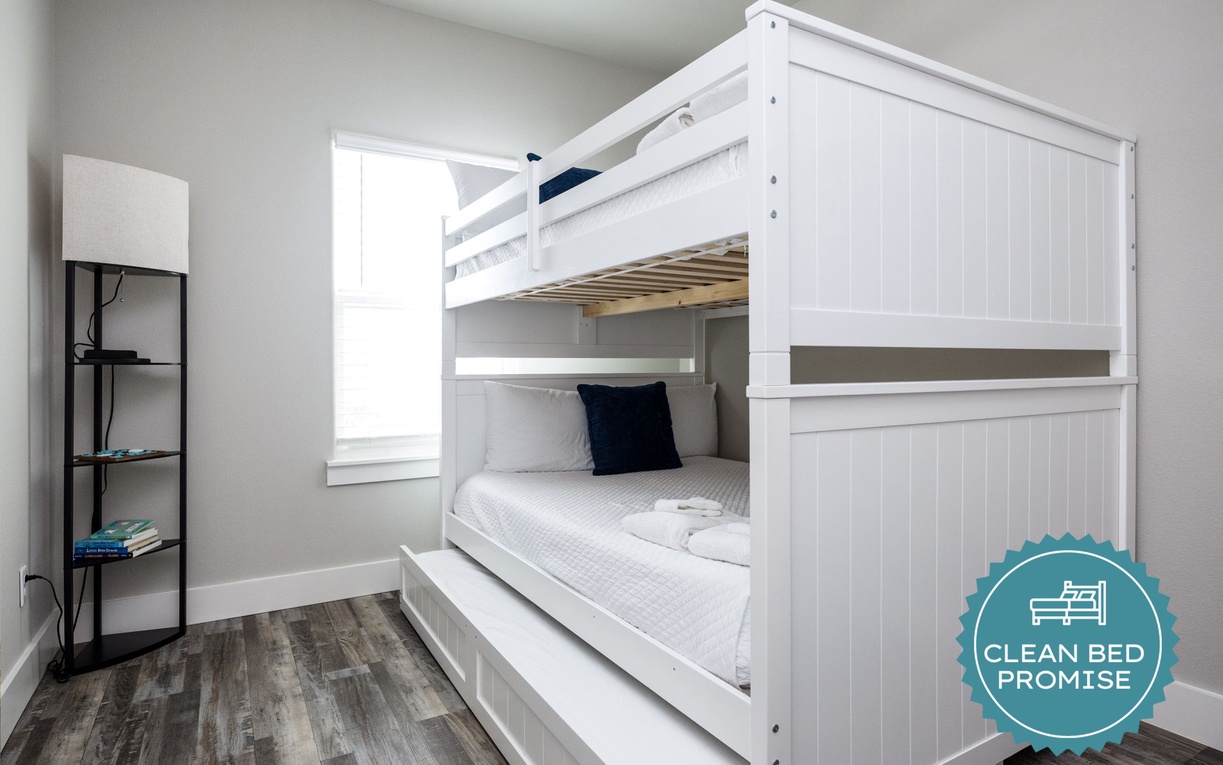 Sleep better at Padre Escapes with our exclusive Clean Bed Promise, providing fresh linens, comforters, and towels washed at high temperatures exceeding CDC recommendations, setting us apart for a truly restful vacation