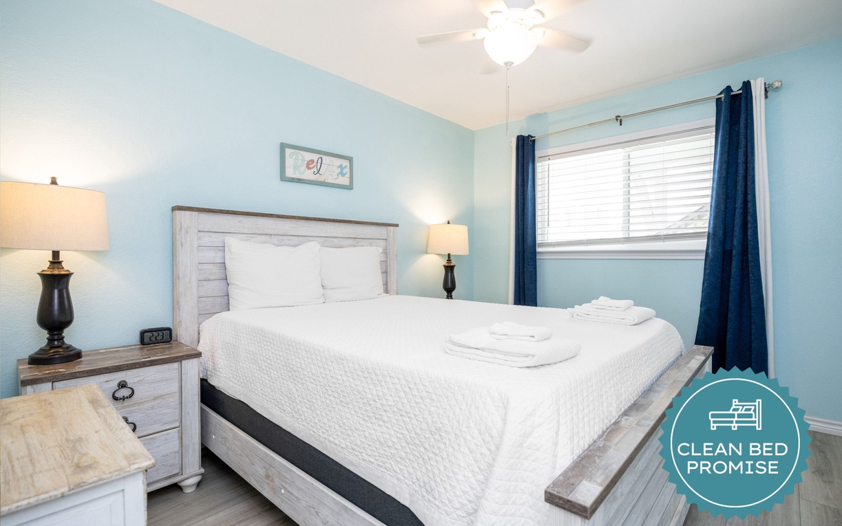 Sleep better at Padre Escapes with our exclusive Clean Bed Promise, providing fresh linens, comforters, and towels washed at high temperatures exceeding CDC recommendations, setting us apart for a truly restful vacation