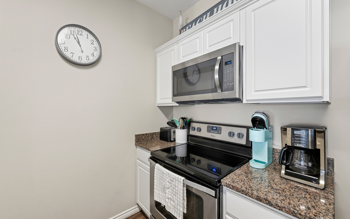 Your fully equipped kitchen has everything you need to prepare home-cooked meals, from the granite countertops to modern appliances and a coffee maker for lazy mornings.