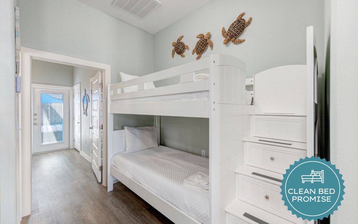 Sleep better at Padre Escapes with our exclusive Clean Bed Promise, providing fresh linens, comforters, and towels washed at high temperatures exceeding CDC recommendations, setting us apart for a truly restful vacation