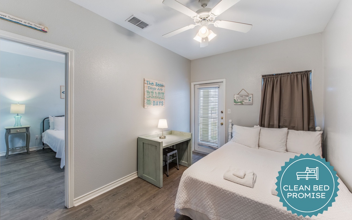 Unwind in your peaceful bedroom with fresh linens and thoughtful touches that make this space feel like home.