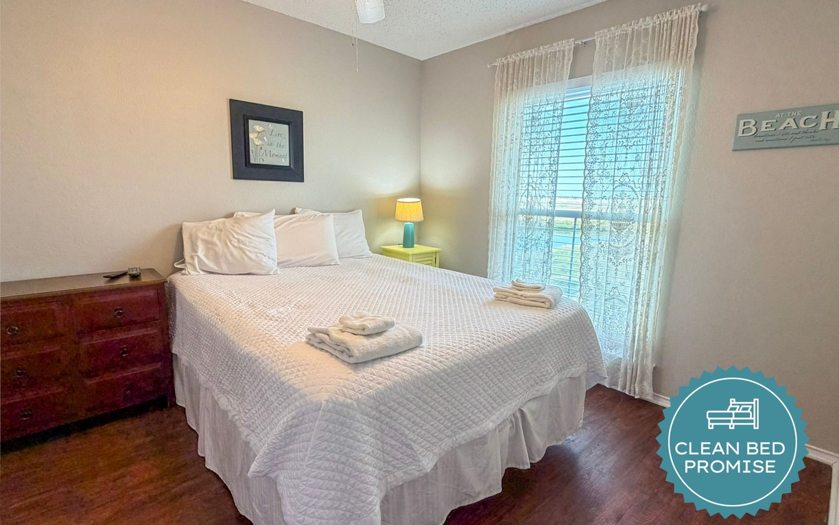 Sleep better at Padre Escapes with our exclusive Clean Bed Promise, providing fresh linens, comforters, and towels washed at high temperatures exceeding CDC recommendations, setting us apart for a truly restful vacation