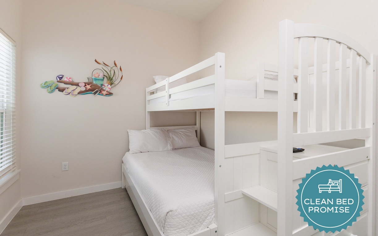Sleep better at Padre Escapes with our exclusive Clean Bed Promise, providing fresh linens, comforters, and towels washed at high temperatures exceeding CDC recommendations, setting us apart for a truly restful vacation