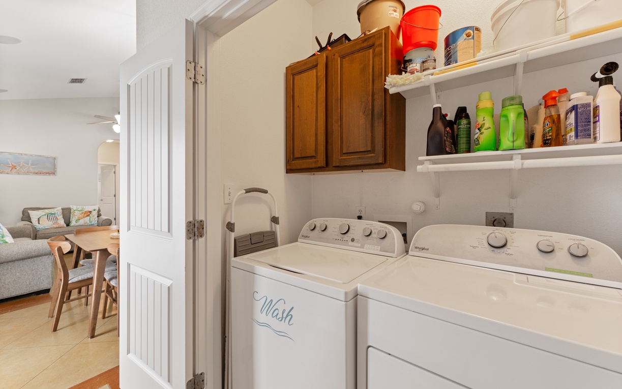 Keep your clothes fresh with convenient in-unit washer and dryer, complete with shelving for all your supplies.