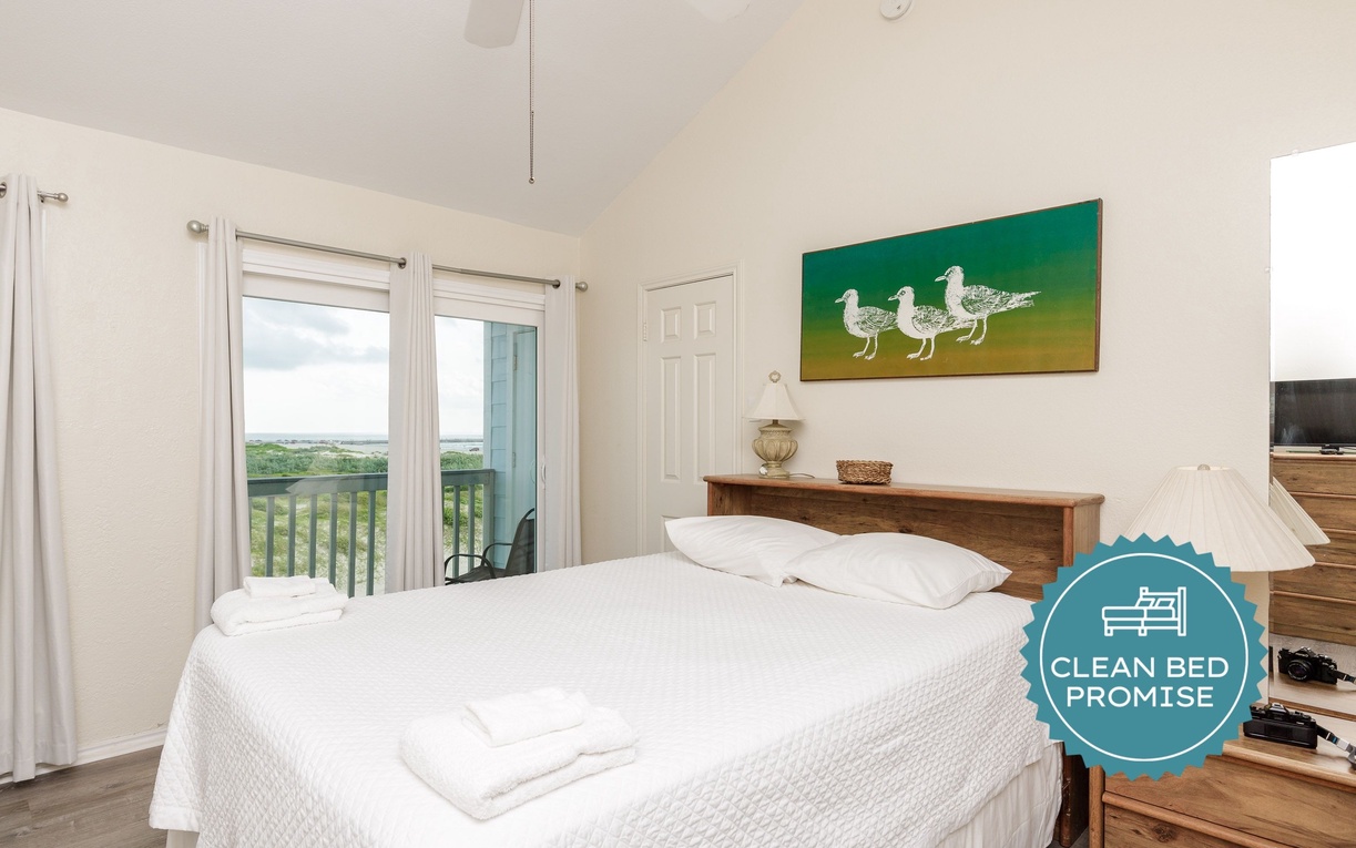 Sleep better at Padre Escapes with our exclusive Clean Bed Promise, providing fresh linens, comforters, and towels washed at high temperatures exceeding CDC recommendations, setting us apart for a truly restful vacation