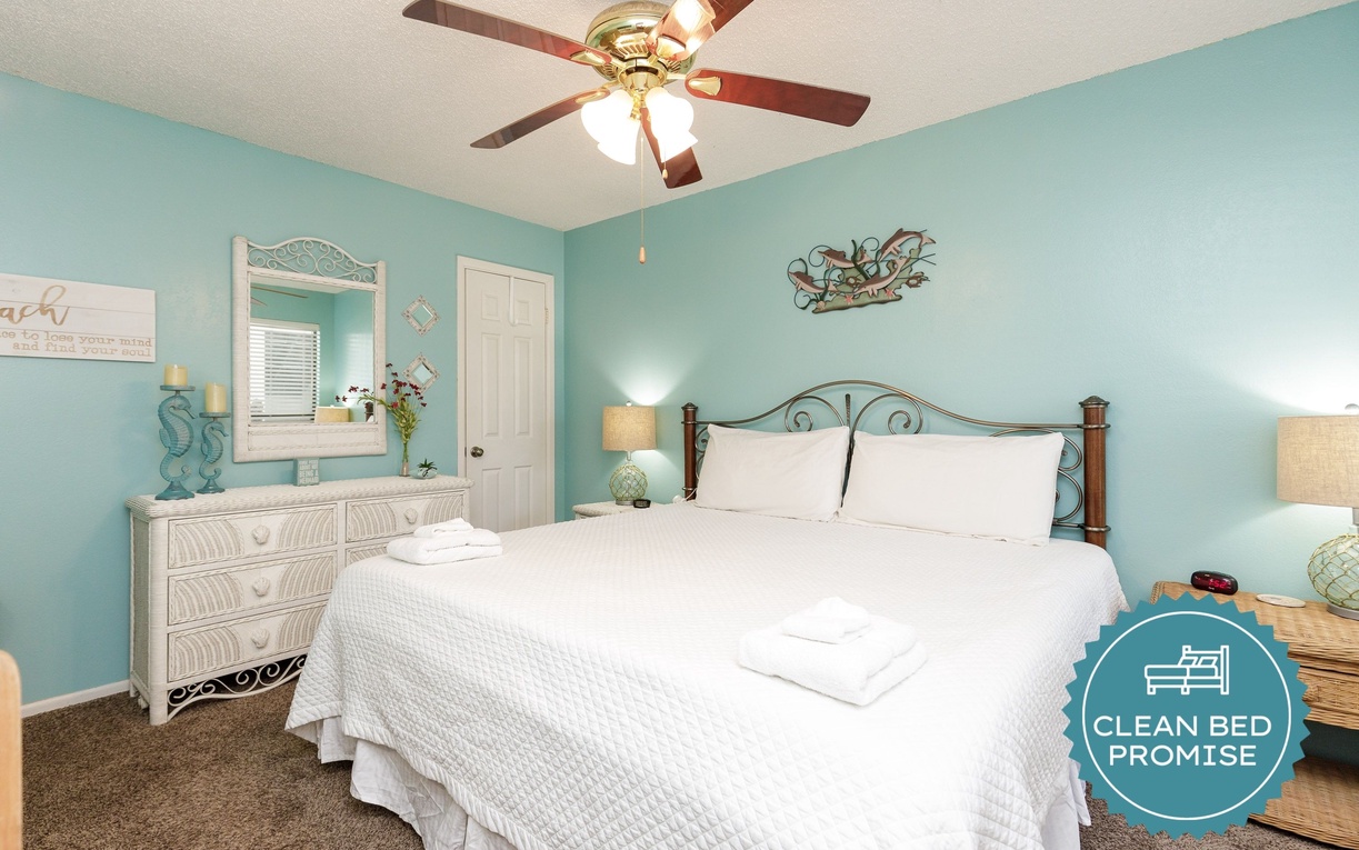 Sleep better at Padre Escapes with our exclusive Clean Bed Promise, providing fresh linens, comforters, and towels washed at high temperatures exceeding CDC recommendations, setting us apart for a truly restful vacation