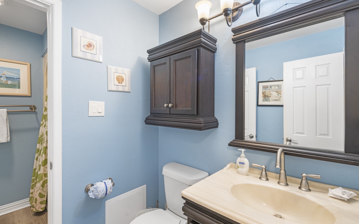 Refresh in your elegant bathroom featuring soothing blue walls, rich dark cabinetry, and coastal-themed artwork that creates a spa-like retreat.