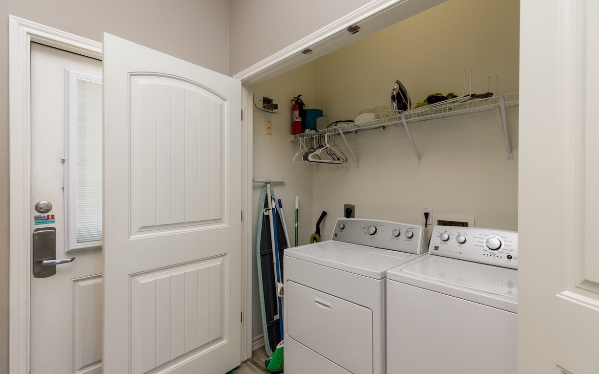 Your private laundry room makes extended stays effortless with full-size washer, dryer, and ample storage for all your vacation essentials.