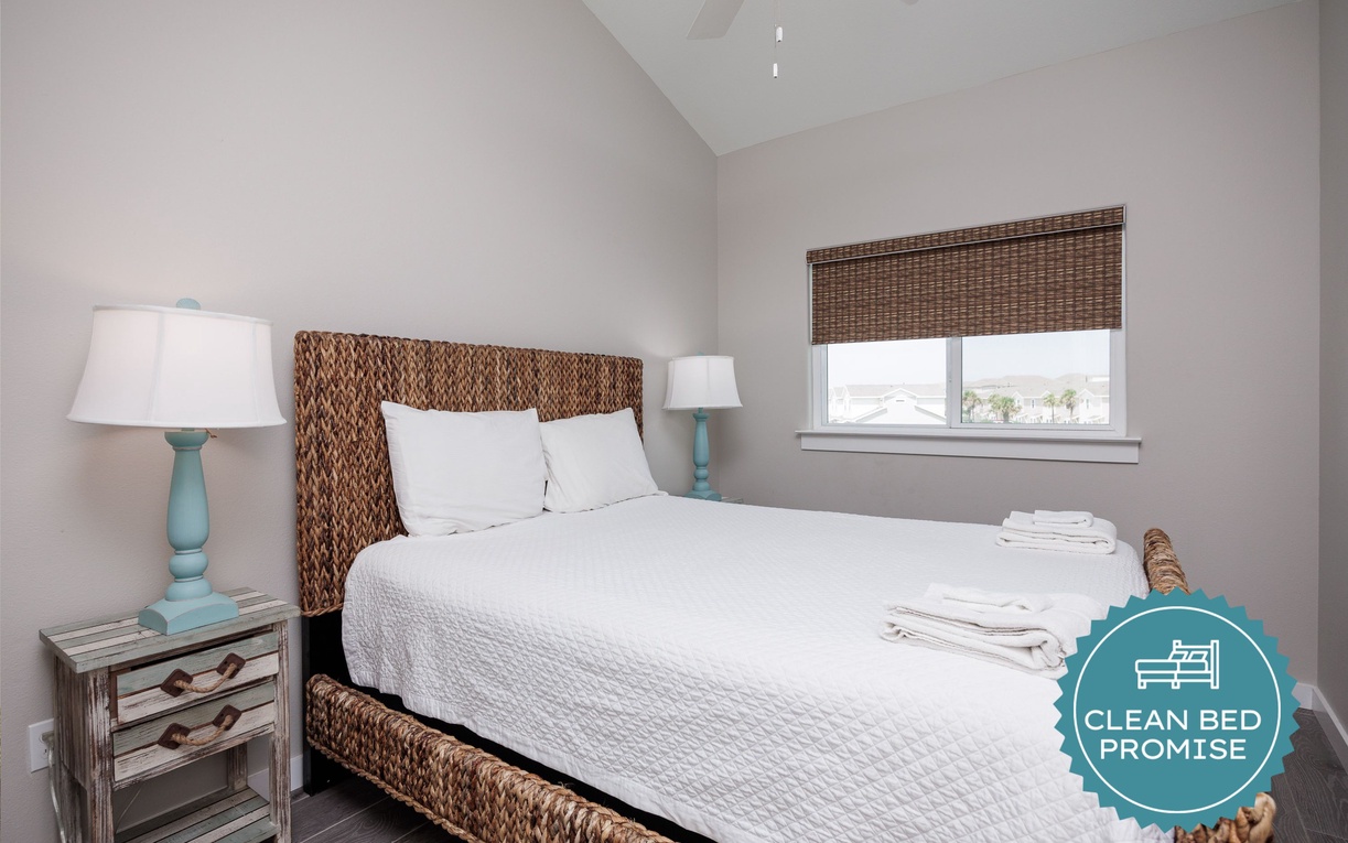 Sleep better at Padre Escapes with our exclusive Clean Bed Promise, providing fresh linens, comforters, and towels washed at high temperatures exceeding CDC recommendations, setting us apart for a truly restful vacation