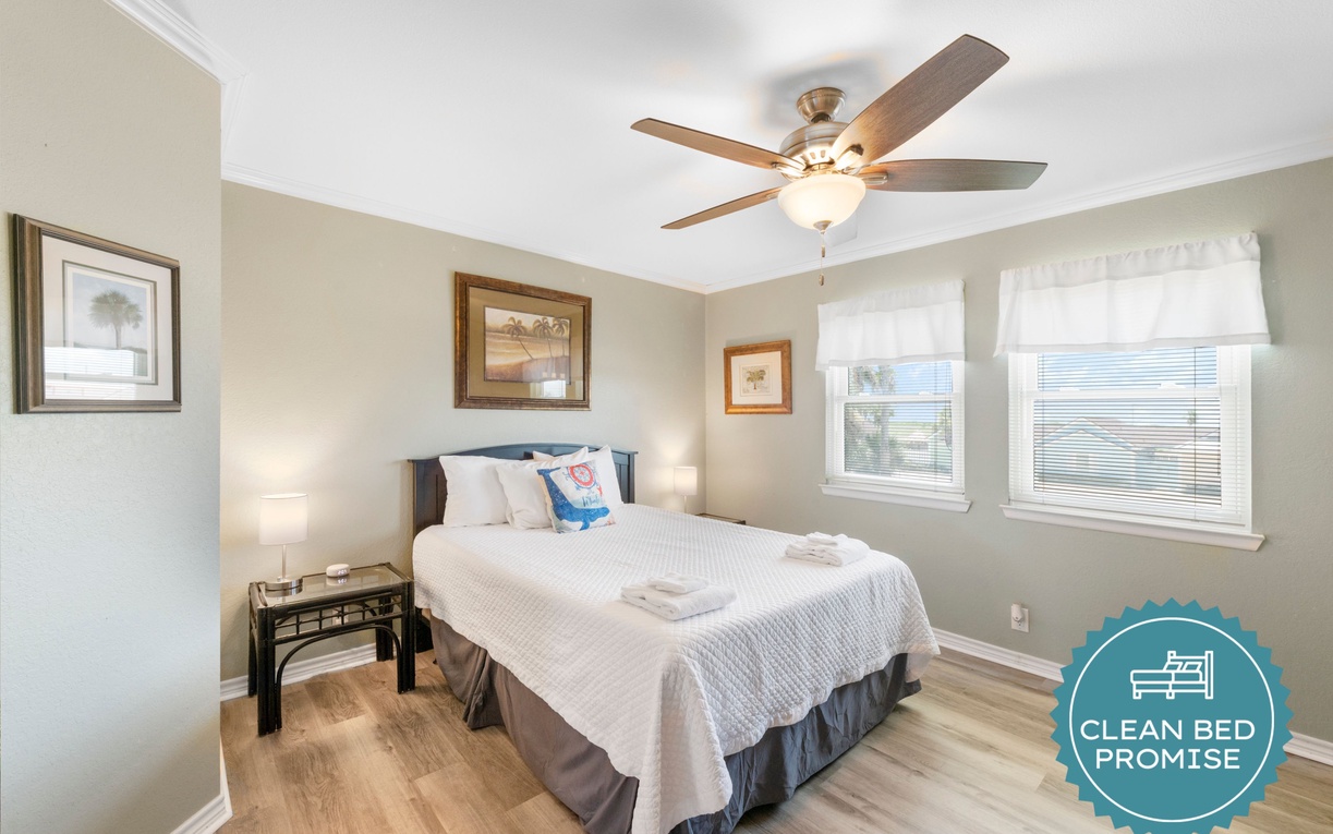 Your peaceful bedroom features comfortable bedding, warm lighting, and thoughtful touches to help you unwind after your adventures.
