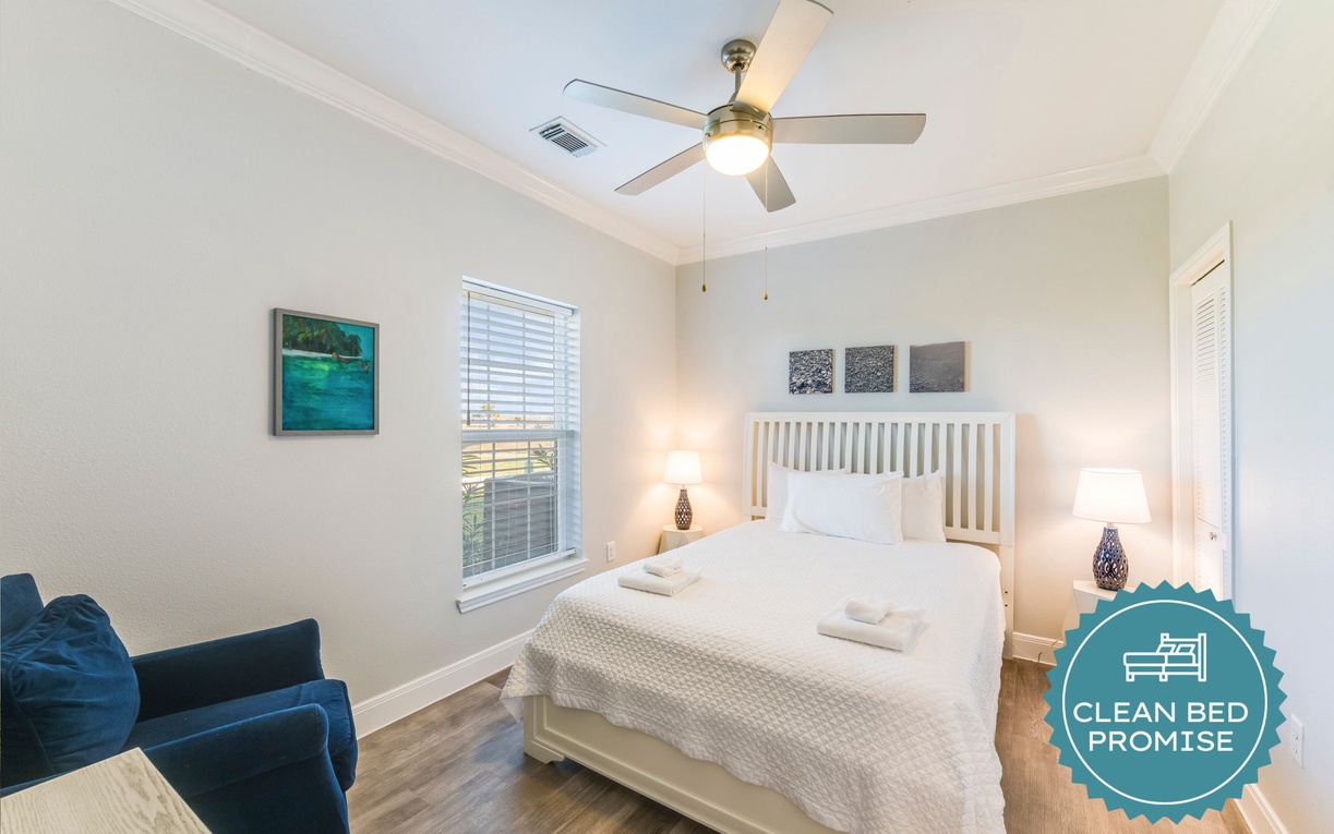 Sleep better at Padre Escapes with our exclusive Clean Bed Promise, providing fresh linens, comforters, and towels washed at high temperatures exceeding CDC recommendations, setting us apart for a truly restful vacation