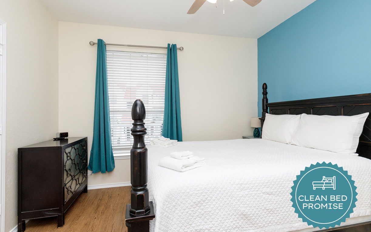 Sleep better at Padre Escapes with our exclusive Clean Bed Promise, providing fresh linens, comforters, and towels washed at high temperatures exceeding CDC recommendations, setting us apart for a truly restful vacation