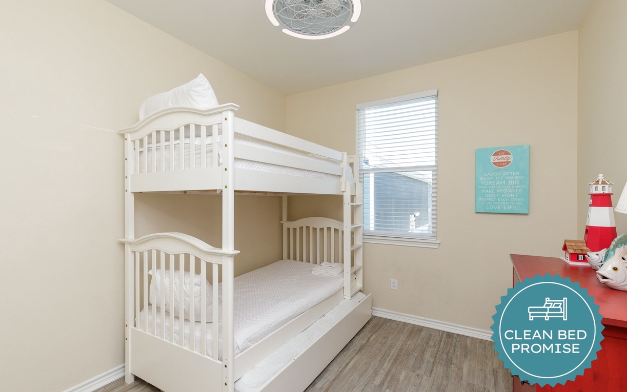 Sleep better at Padre Escapes with our exclusive Clean Bed Promise, providing fresh linens, comforters, and towels washed at high temperatures exceeding CDC recommendations, setting us apart for a truly restful vacation