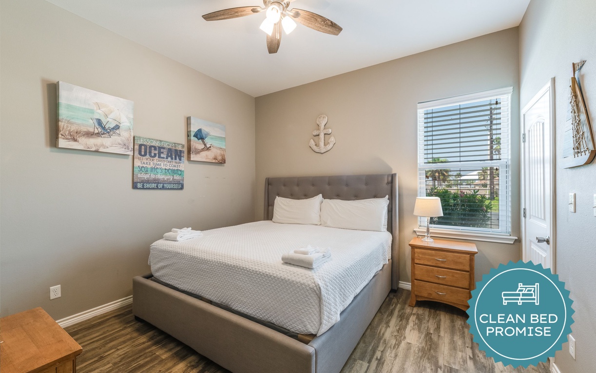 Sleep better at Padre Escapes with our exclusive Clean Bed Promise, providing fresh linens, comforters, and towels washed at high temperatures exceeding CDC recommendations, setting us apart for a truly restful vacation