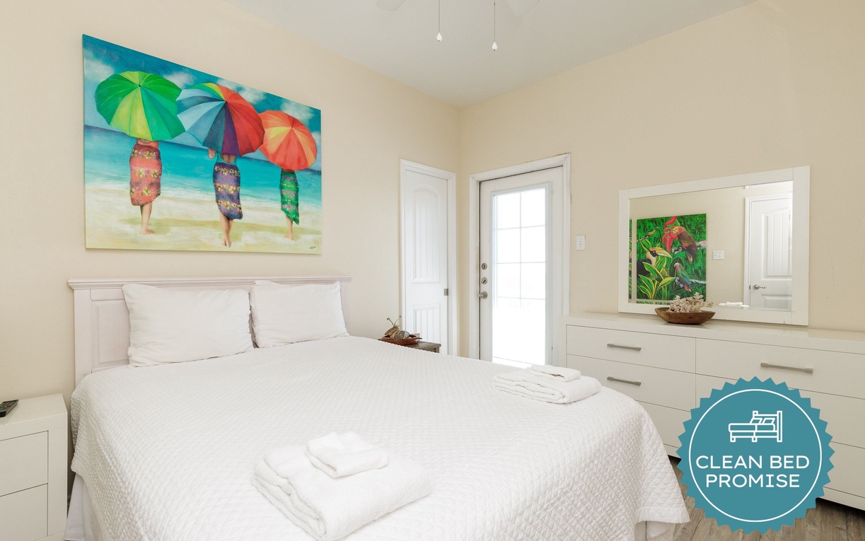 Sleep better at Padre Escapes with our exclusive Clean Bed Promise, providing fresh linens, comforters, and towels washed at high temperatures exceeding CDC recommendations, setting us apart for a truly restful vacation