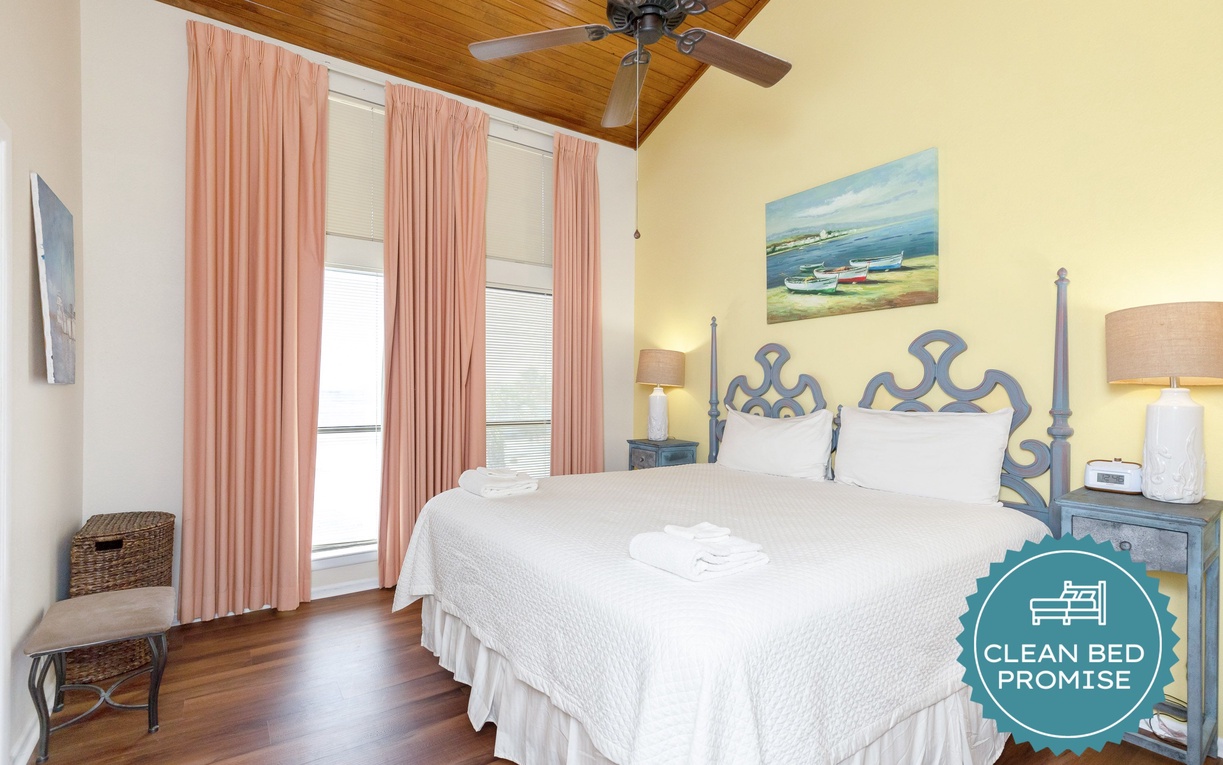 Sleep better at Padre Escapes with our exclusive Clean Bed Promise, providing fresh linens, comforters, and towels washed at high temperatures exceeding CDC recommendations, setting us apart for a truly restful vacation