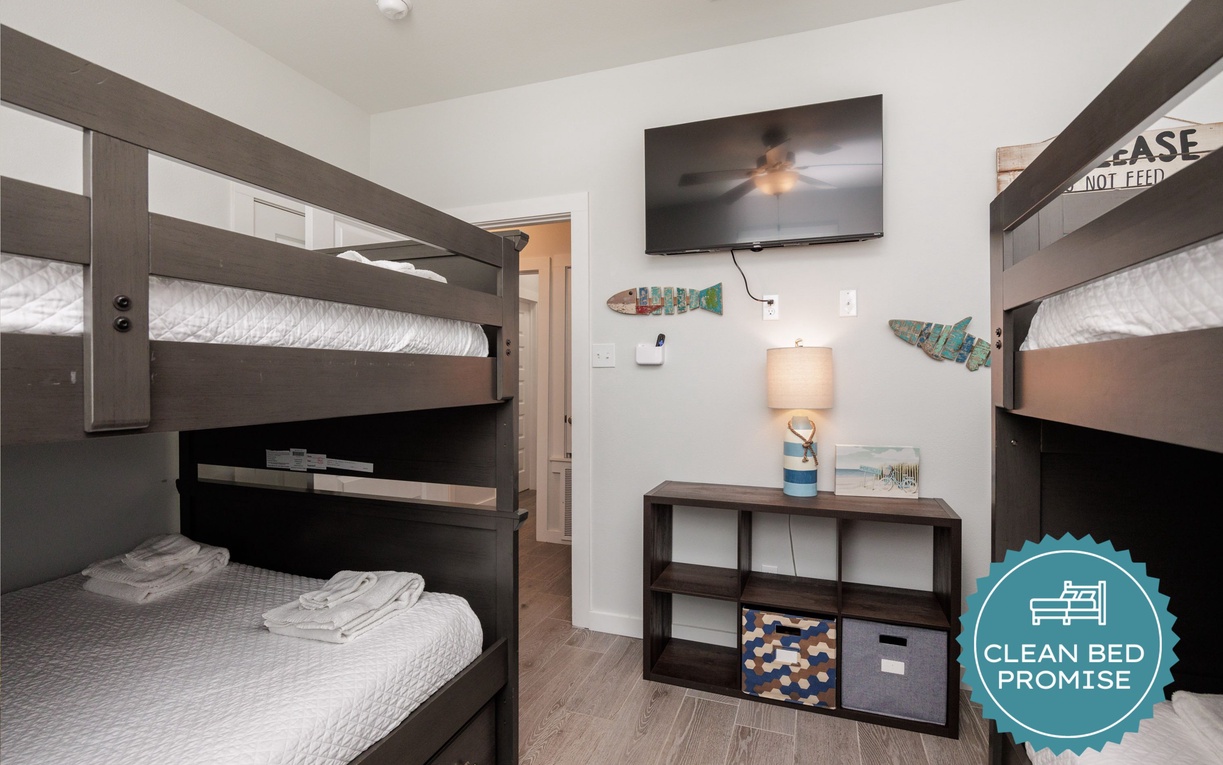 Sleep better at Padre Escapes with our exclusive Clean Bed Promise, providing fresh linens, comforters, and towels washed at high temperatures exceeding CDC recommendations, setting us apart for a truly restful vacation
