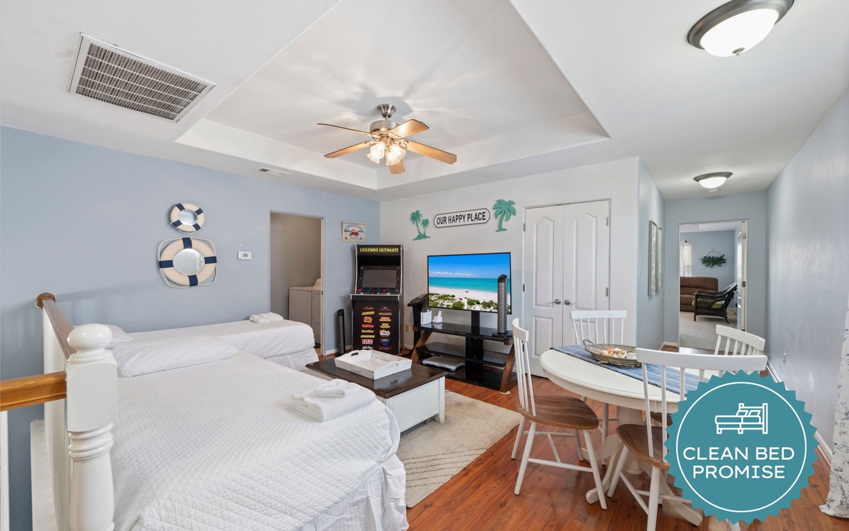 Sleep better at Padre Escapes with our exclusive Clean Bed Promise, providing fresh linens, comforters, and towels washed at high temperatures exceeding CDC recommendations, setting us apart for a truly restful vacation.