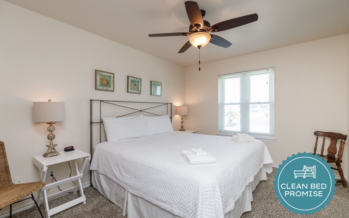 Sleep better at Padre Escapes with our exclusive Clean Bed Promise, providing fresh linens, comforters, and towels washed at high temperatures exceeding CDC recommendations, setting us apart for a truly restful vacation