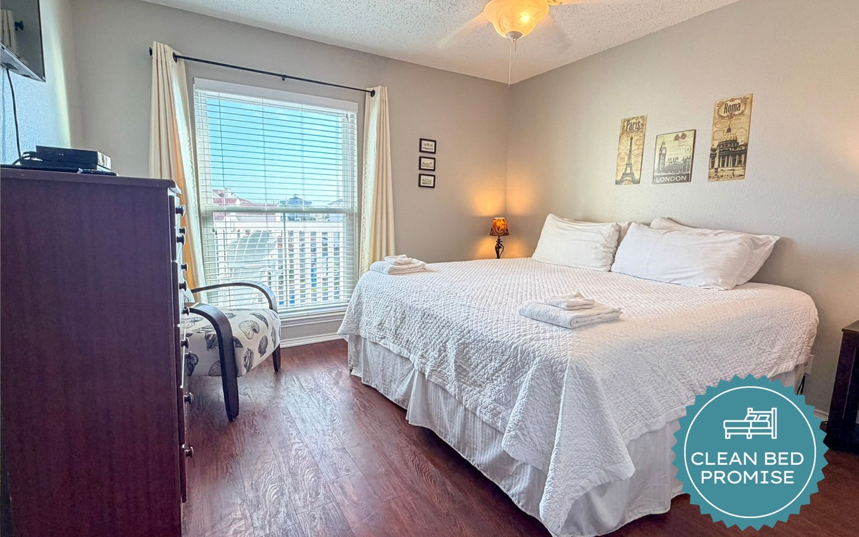 Sleep better at Padre Escapes with our exclusive Clean Bed Promise, providing fresh linens, comforters, and towels washed at high temperatures exceeding CDC recommendations, setting us apart for a truly restful vacation