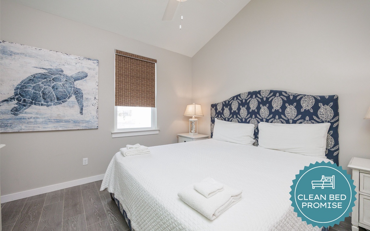 Sleep better at Padre Escapes with our exclusive Clean Bed Promise, providing fresh linens, comforters, and towels washed at high temperatures exceeding CDC recommendations, setting us apart for a truly restful vacation