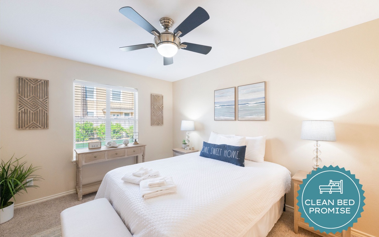 Drift into peaceful sleep in your cozy bedroom, where soft linens and gentle ceiling fan breezes create the perfect retreat after your day.