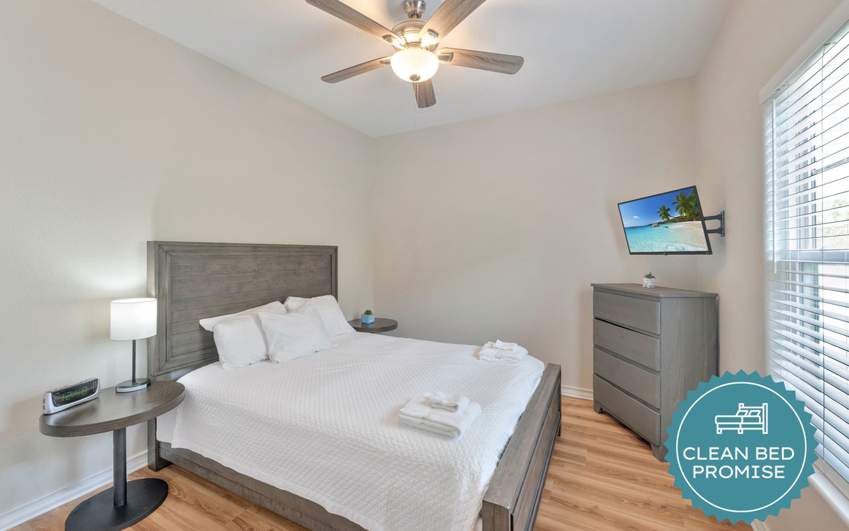 Sleep better at Padre Escapes with our exclusive Clean Bed Promise, providing fresh linens, comforters, and towels washed at high temperatures exceeding CDC recommendations, setting us apart for a truly restful vacation.