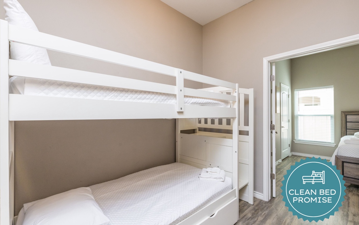 Sleep better at Padre Escapes with our exclusive Clean Bed Promise, providing fresh linens, comforters, and towels washed at high temperatures exceeding CDC recommendations, setting us apart for a truly restful vacation.