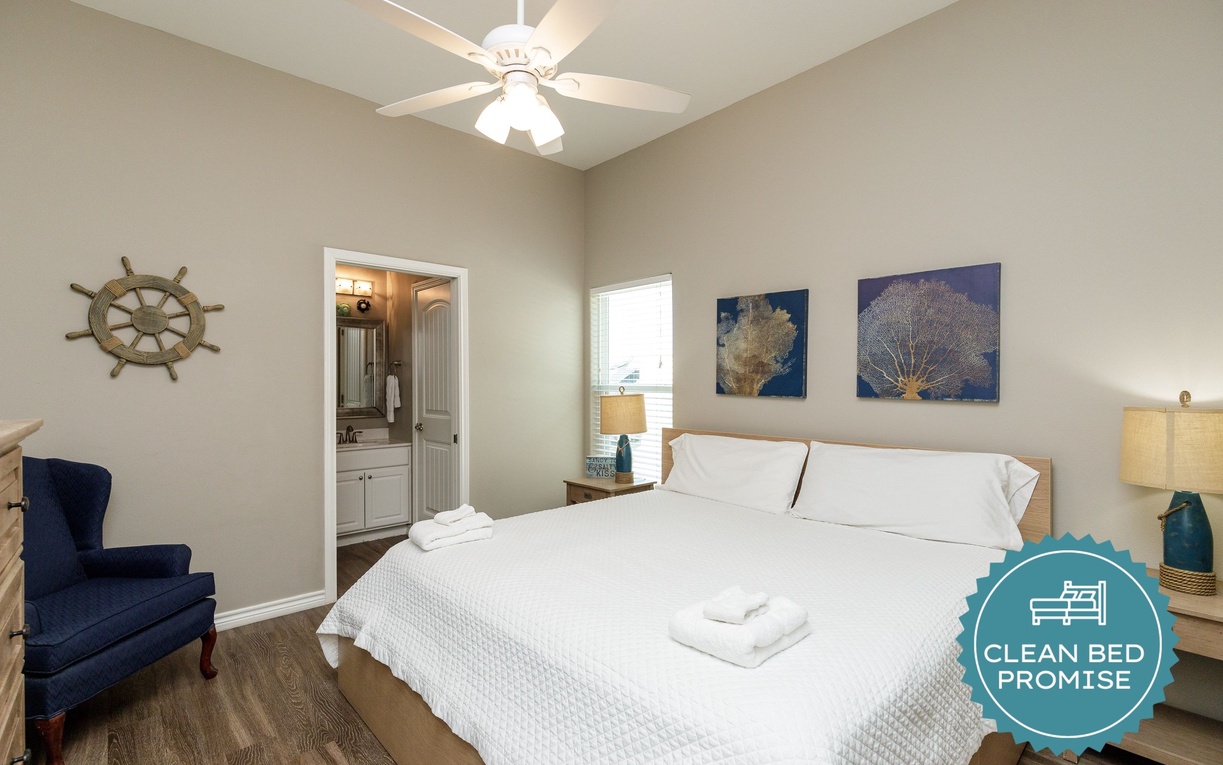 Sleep better at Padre Escapes with our exclusive Clean Bed Promise, providing fresh linens, comforters, and towels washed at high temperatures exceeding CDC recommendations, setting us apart for a truly restful vacation
