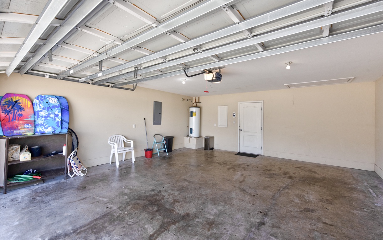 Spacious garage with convenient storage and beach gear access for your vacation adventures.