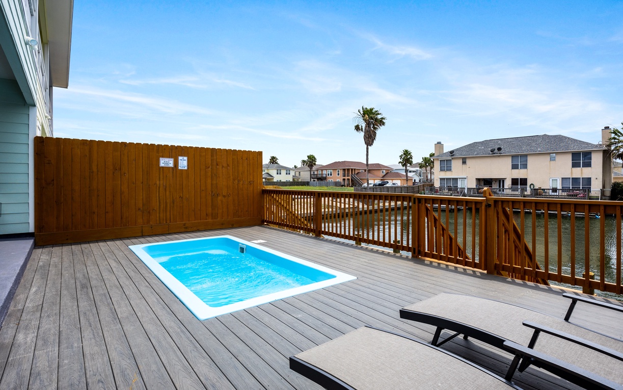 Your private deck features a sparkling plunge pool and waterfront dining, perfect for sunset soaks and canal-side meals.