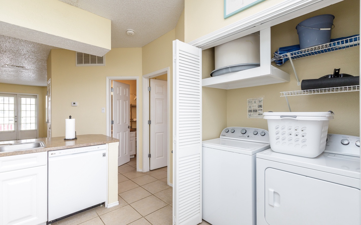 Your dedicated laundry space makes extended stays effortless with full-size washer and dryer, plus convenient storage for all your essentials.