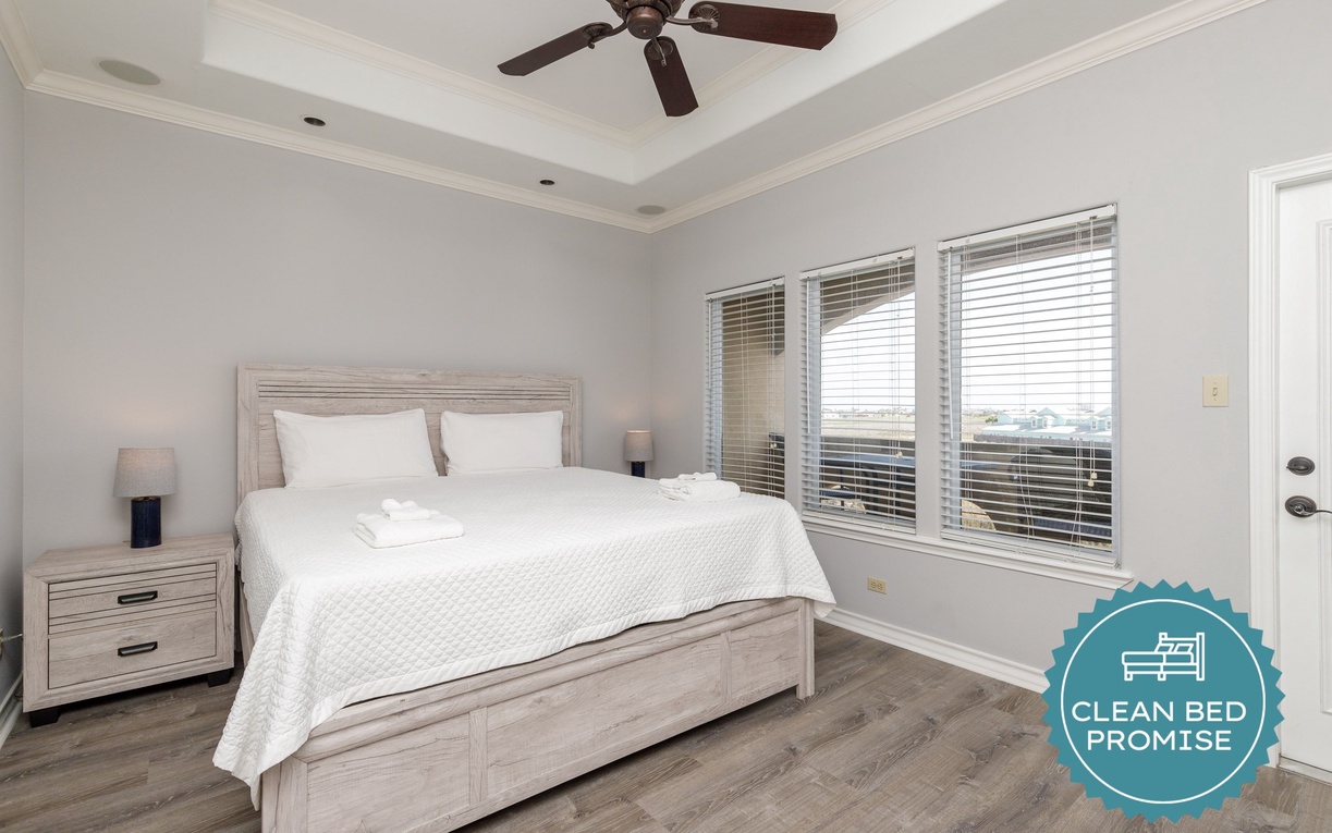 Sleep better at Padre Escapes with our exclusive Clean Bed Promise, providing fresh linens, comforters, and towels washed at high temperatures exceeding CDC recommendations, setting us apart for a truly restful vacation