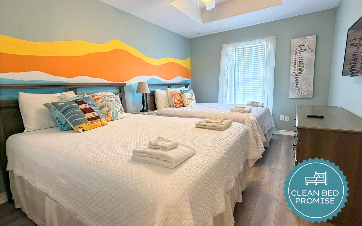 Sleep better at Padre Escapes with our exclusive Clean Bed Promise; providing fresh linens, comforters, and towels washed at high temperatures exceeding CDC recommendations, setting us apart for a truly restful vacation