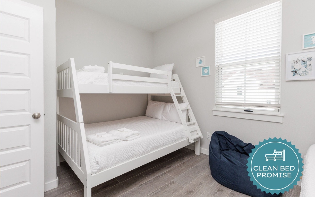 Sleep better at Padre Escapes with our exclusive Clean Bed Promise, providing fresh linens, comforters, and towels washed at high temperatures exceeding CDC recommendations, setting us apart for a truly restful vacation