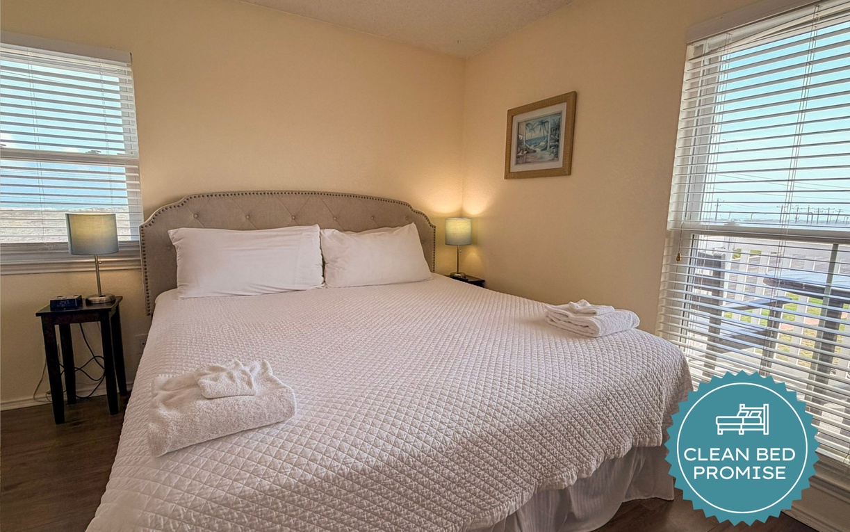 Sleep better at Padre Escapes with our exclusive Clean Bed Promise, providing fresh linens, comforters, and towels washed at high temperatures exceeding CDC recommendations, setting us apart for a truly restful vacation