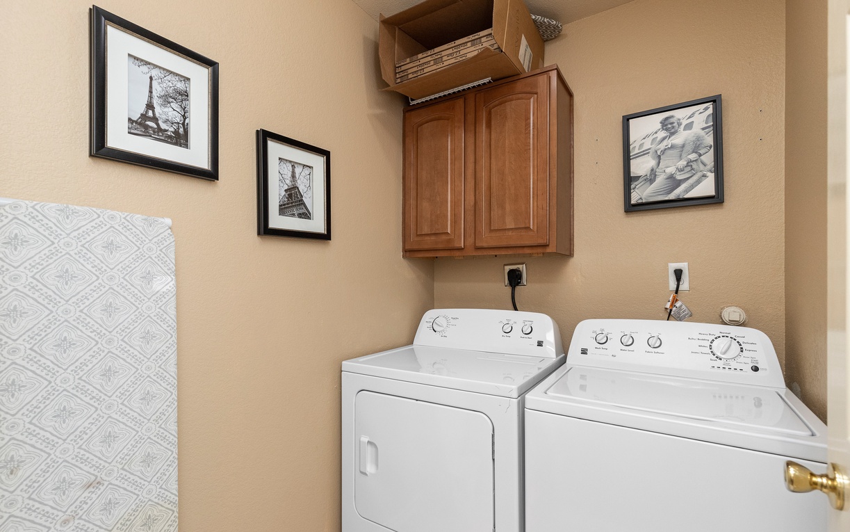 Your private laundry room makes extended stays effortless with full-sized washer and dryer, plus convenient storage for all your travel essentials.