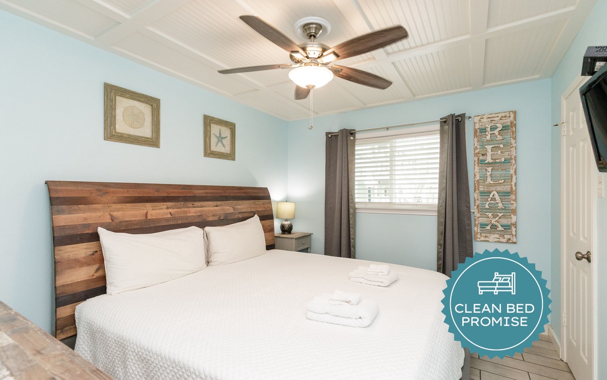 Sleep better at Padre Escapes with our exclusive Clean Bed Promise, providing fresh linens, comforters, and towels washed at high temperatures exceeding CDC recommendations, setting us apart for a truly restful vacation