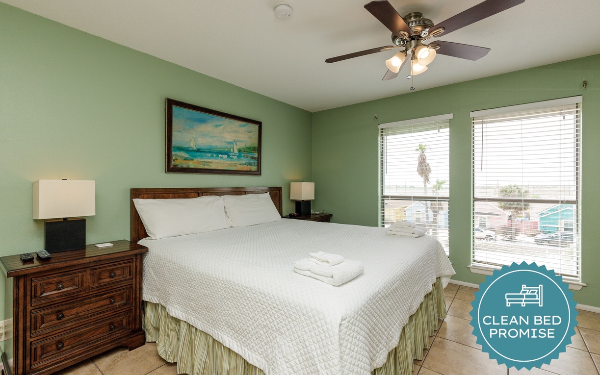 Sleep better at Padre Escapes with our exclusive Clean Bed Promise, providing fresh linens, comforters, and towels washed at high temperatures exceeding CDC recommendations, setting us apart for a truly restful vacation