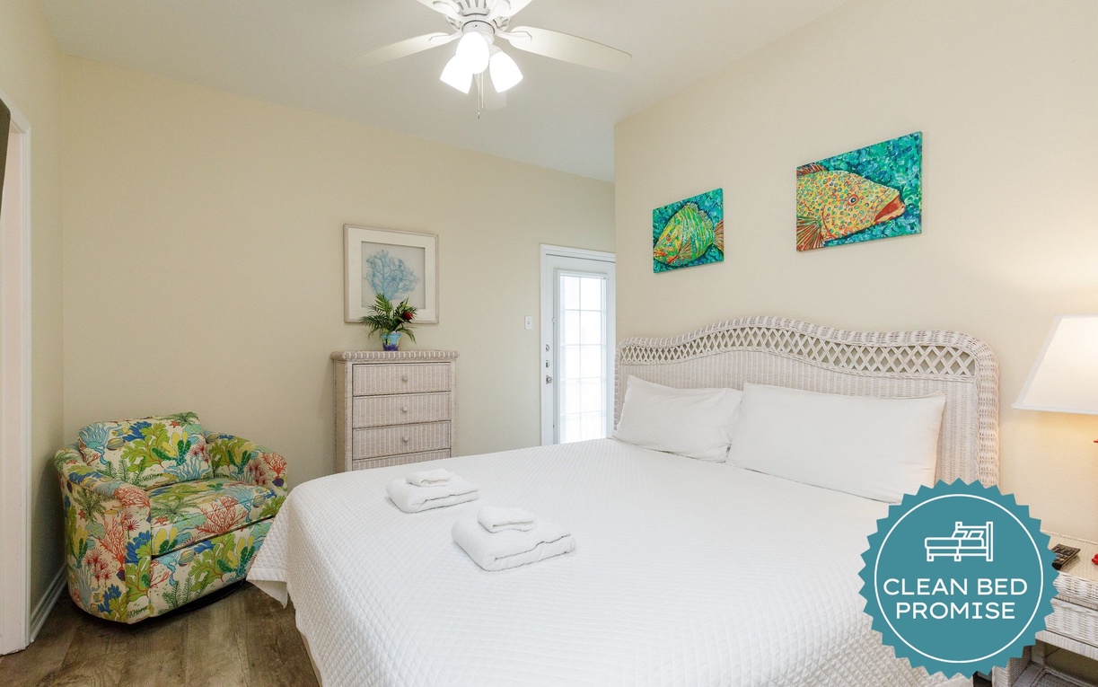 Sleep better at Padre Escapes with our exclusive Clean Bed Promise, providing fresh linens, comforters, and towels washed at high temperatures exceeding CDC recommendations, setting us apart for a truly restful vacation